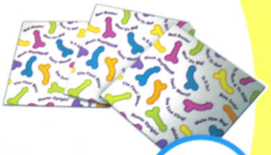 Eight 2 ply napkins with assorted color penises and phrases.