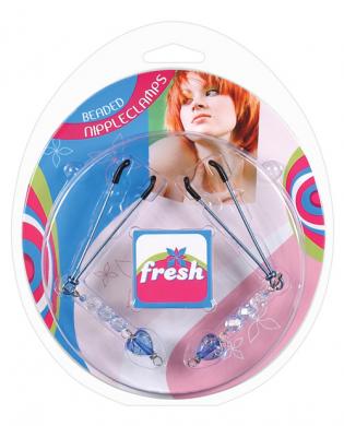 Fresh beaded nipple clamps w/beads and heart charm – blue