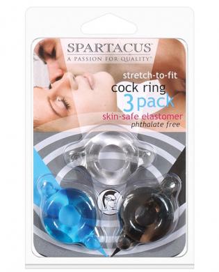 Elastomer cock ring set – black blue and clear pack of 3