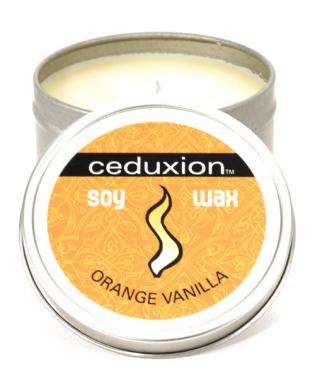 Ceduxion soy wax candle in a tin, orange vanilla