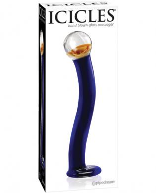 Icicles no. 17 hand blown glass massager – blue w/orange flower