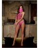 4 Pc Desert Delight Stretch Lace Bandeau Thong Veil And Gold Wrist Restraints Pink Os