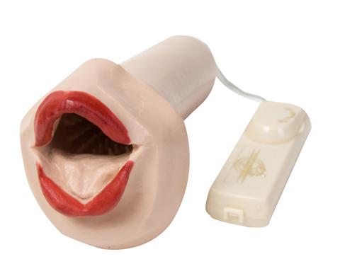 Vibrating beige rubber realistic mouth with red lips.