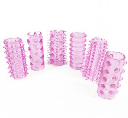 Set of 6 super-stretchy silicone sleeves with a variety of textures.